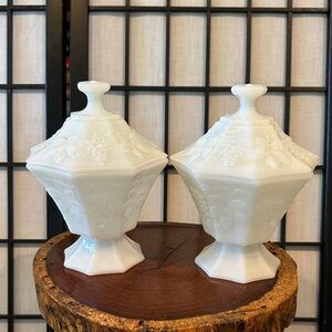 Set of Vintage Anchor Hocking Milk Glass Embossed Candy Dish